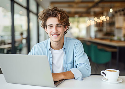 Male college student studying at coffee shop