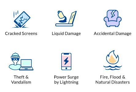 Perils and Damages Covered: Cracked Screens, Liquid Submersion, Spills, Water Damage, Accidental Damage, Theft & Vandalism, Power Surge By Lightning, Weather, Fire, Flood & Natural Diasters
